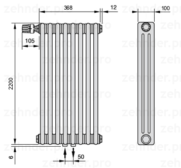 Схема (чертеж) Радиатор Zehnder Charleston 3220/8 №V007 Белый глянцевый RAL 9016